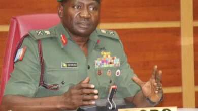 Nigeria’s Defence Minister Christopher Musa during a television interview discussing alleged coup plotters and military prosecution proceedings.
