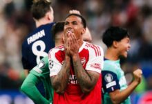 Arsenal players react after losing the Champions League final to PSG following a dramatic penalty shootout defeat.