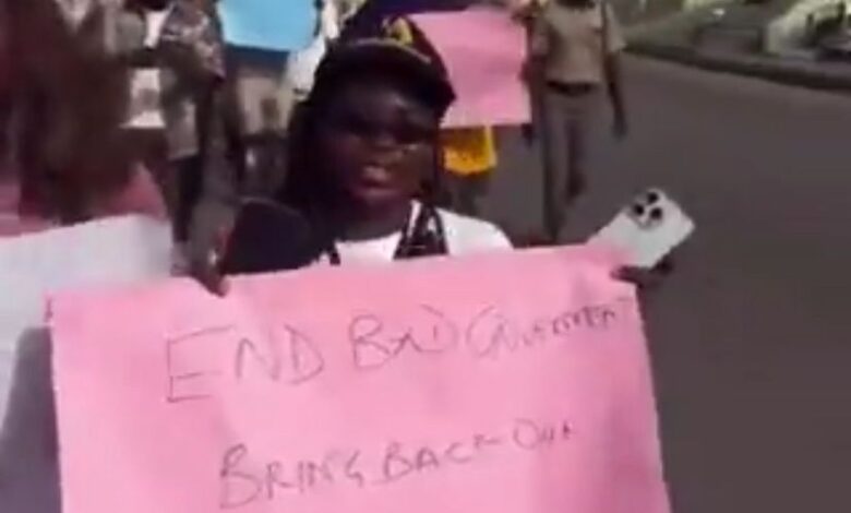 Protesters in Abeokuta carrying placards demanding the release of kidnapped children and improved security measures.
